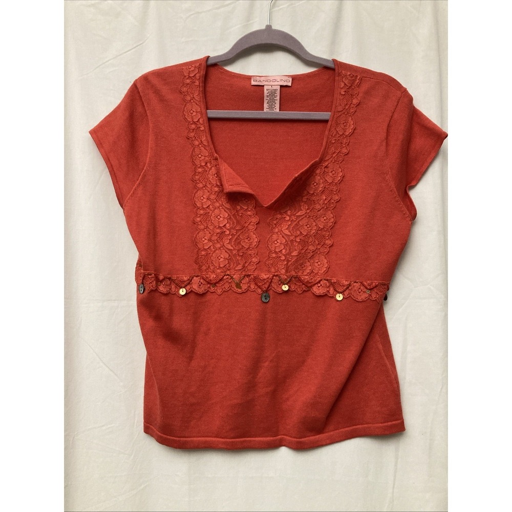Bandolino Women's Red Embroidered & Embellished Short Sleeve Top‎ - Sz L